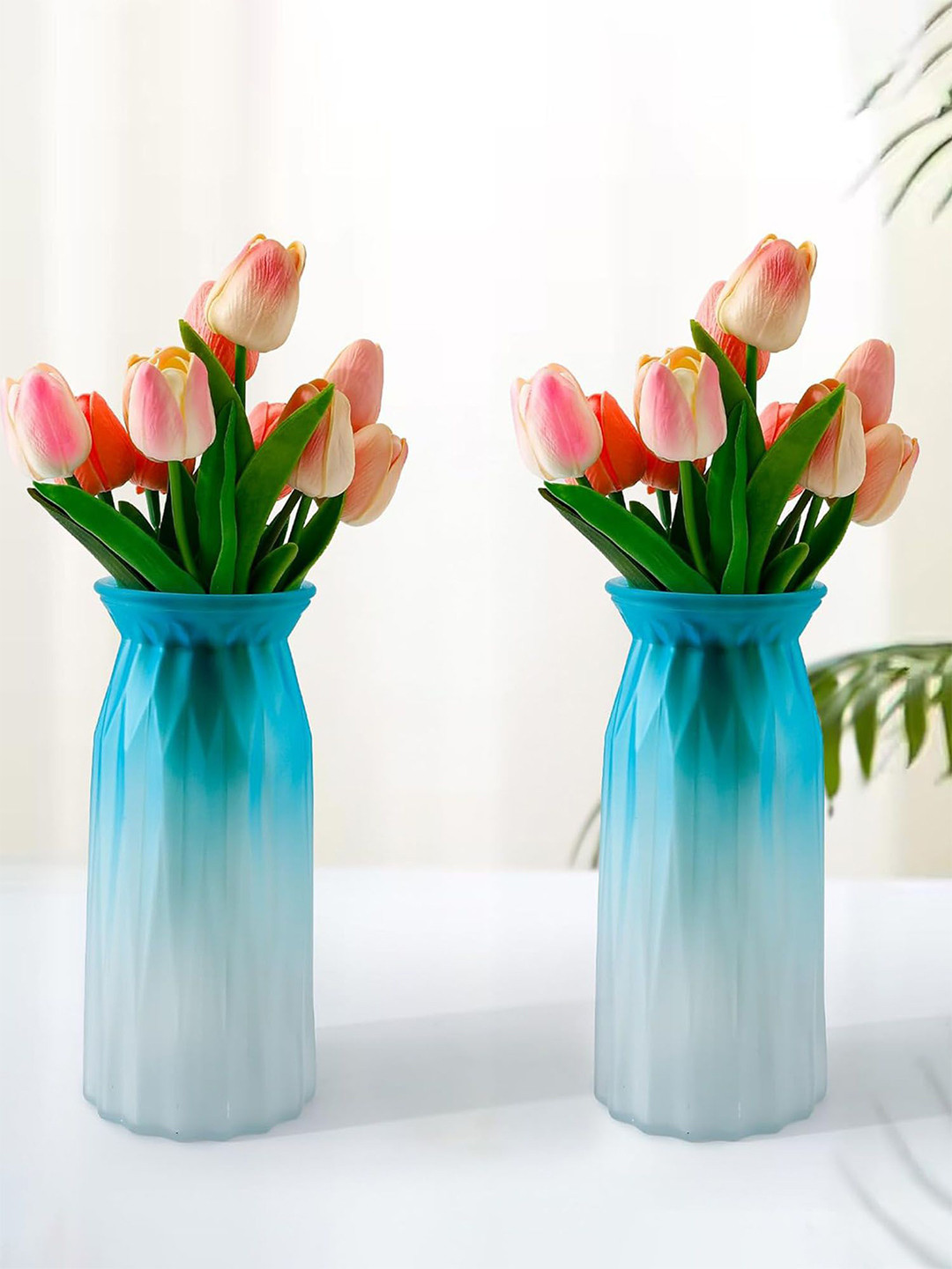 Nostrae by Ekhasa Blue & White 2 Pieces Textured Glass Bud Shape Flower Vases