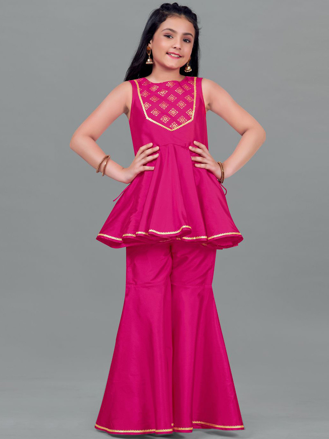 BAESD Girls Ethnic Motifs Woven Design Round Neck Anarkali Kurta And Sharara
