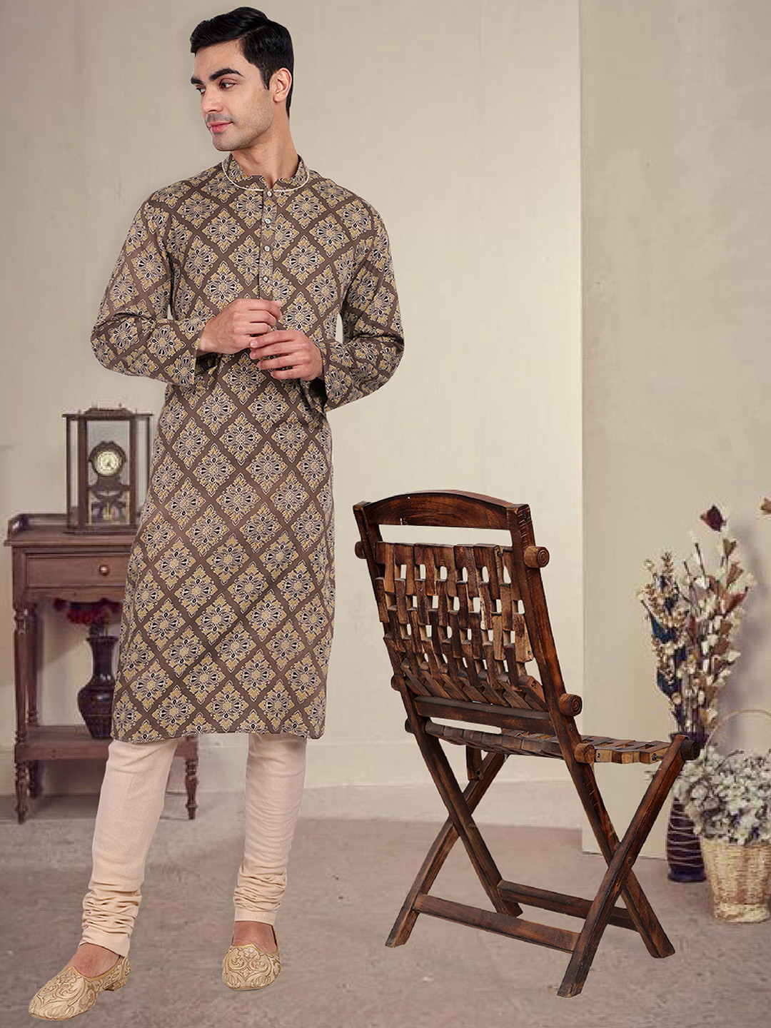 Tesmare Ethnic Motifs Ajrak Printed Mandarin Collar Pure Cotton Straight Kurta
