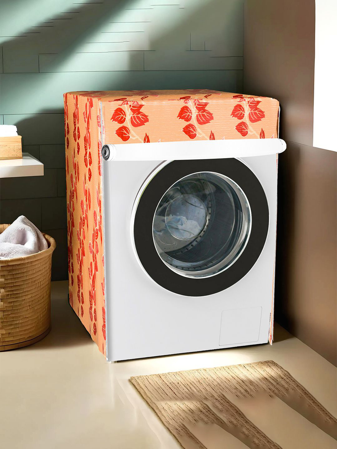 Kuber Industries Red & Orange Printed Light Weight Front Load Washing Machine Cover