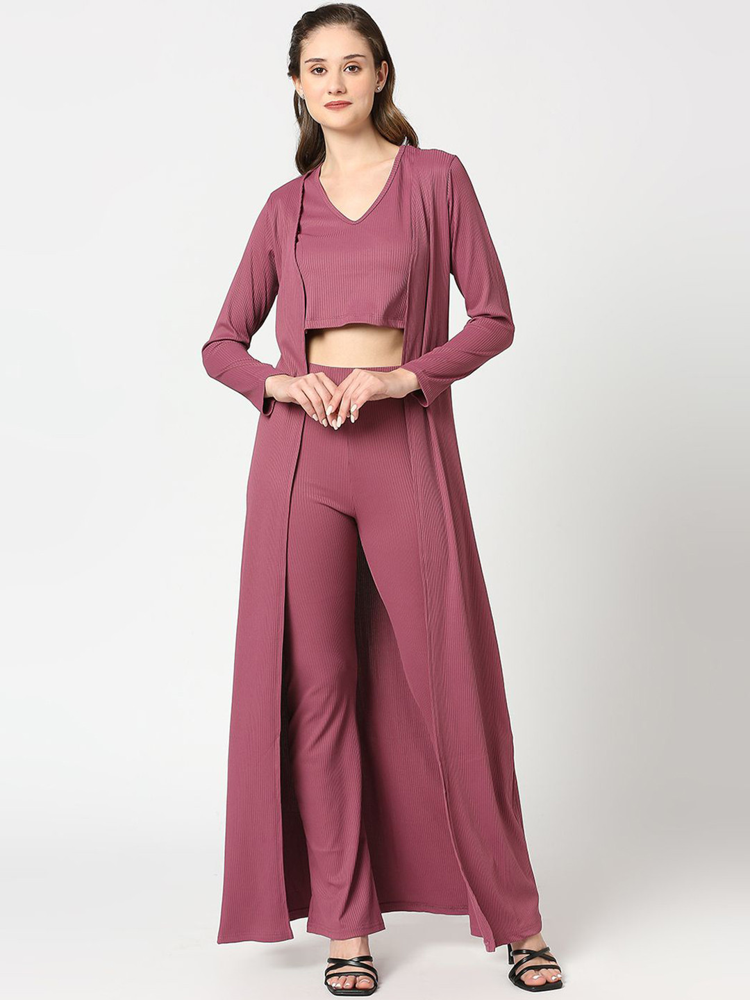 Ammarzo Ribbed V Neck Crop Top With Trouser & Long Shrug