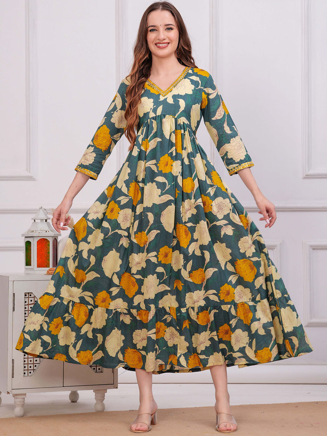 FASHION DEPTH Floral Printed Mirror Work Pure Cotton Tiered Anarkali Kurta