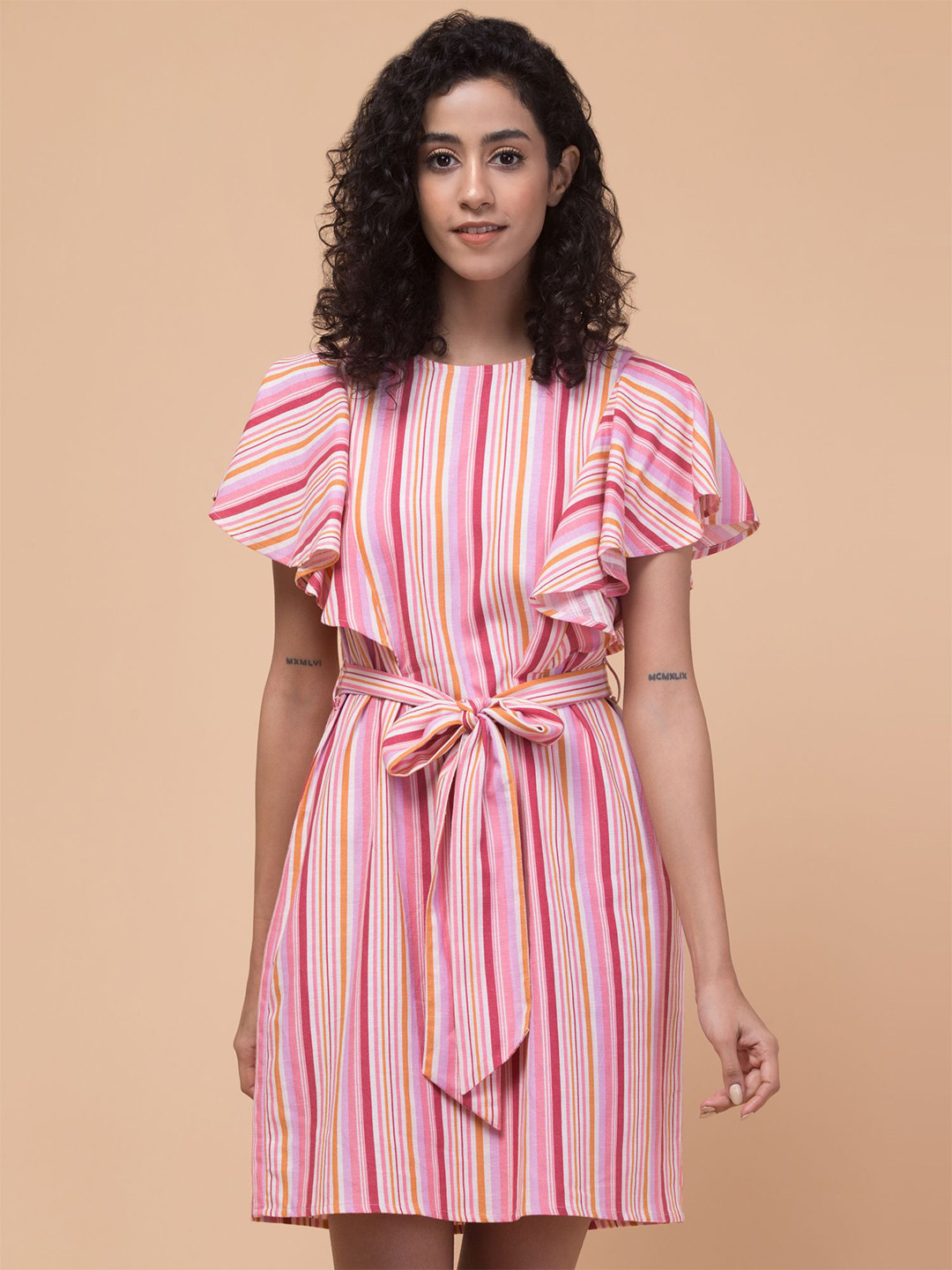 Hive91 Striped Printed With Tie-Ups A-Line Dress