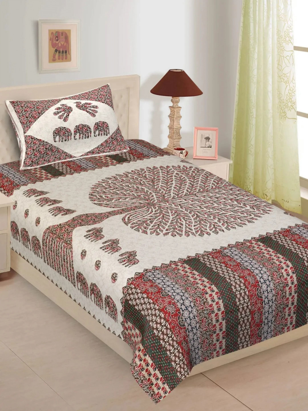 LIVING ROOTS Single Size Jaipur Block Print Cotton Bedsheet With 1 Pillow Covers