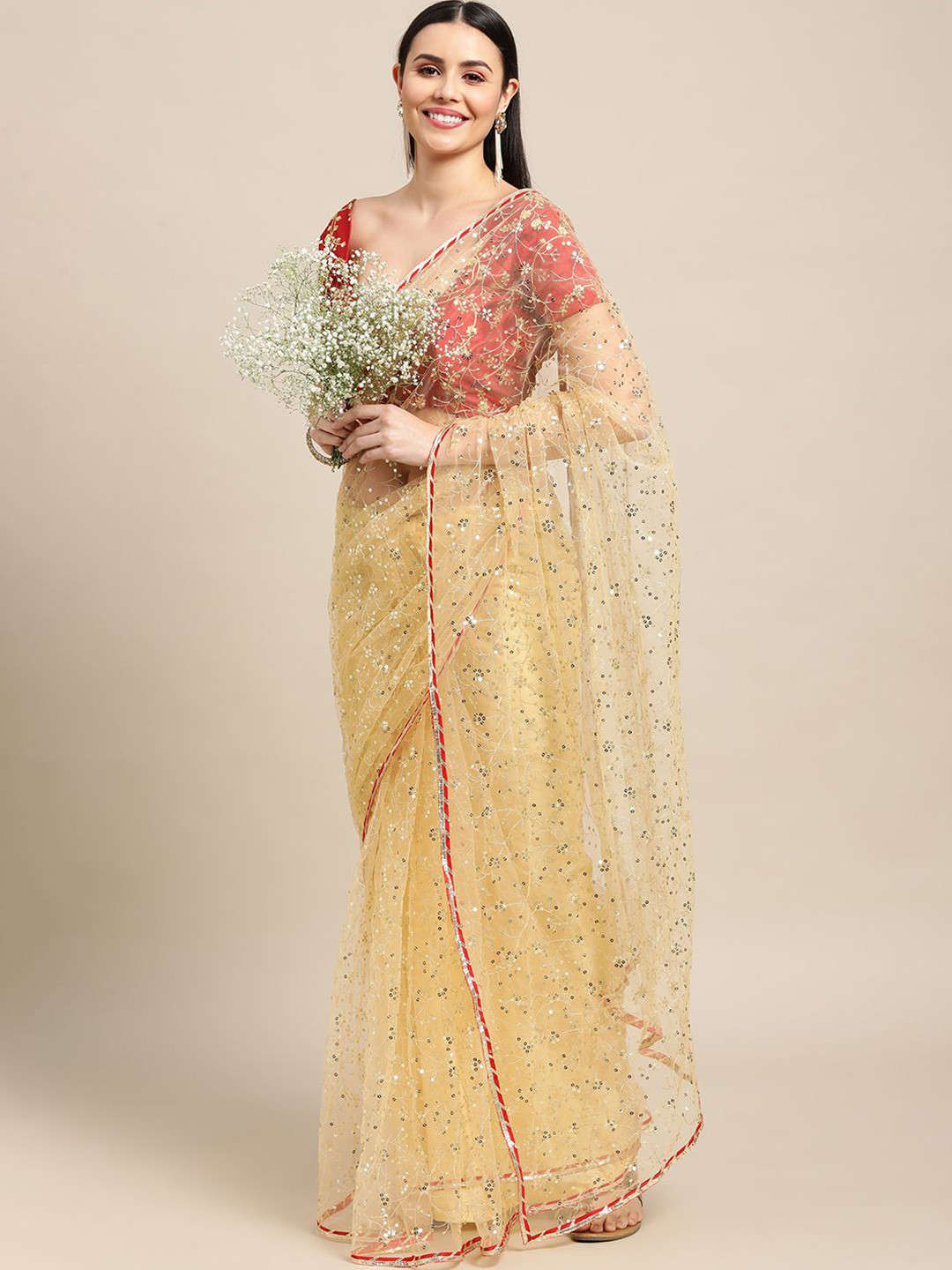 Warthy Ent Embellished Sequinned Net Saree