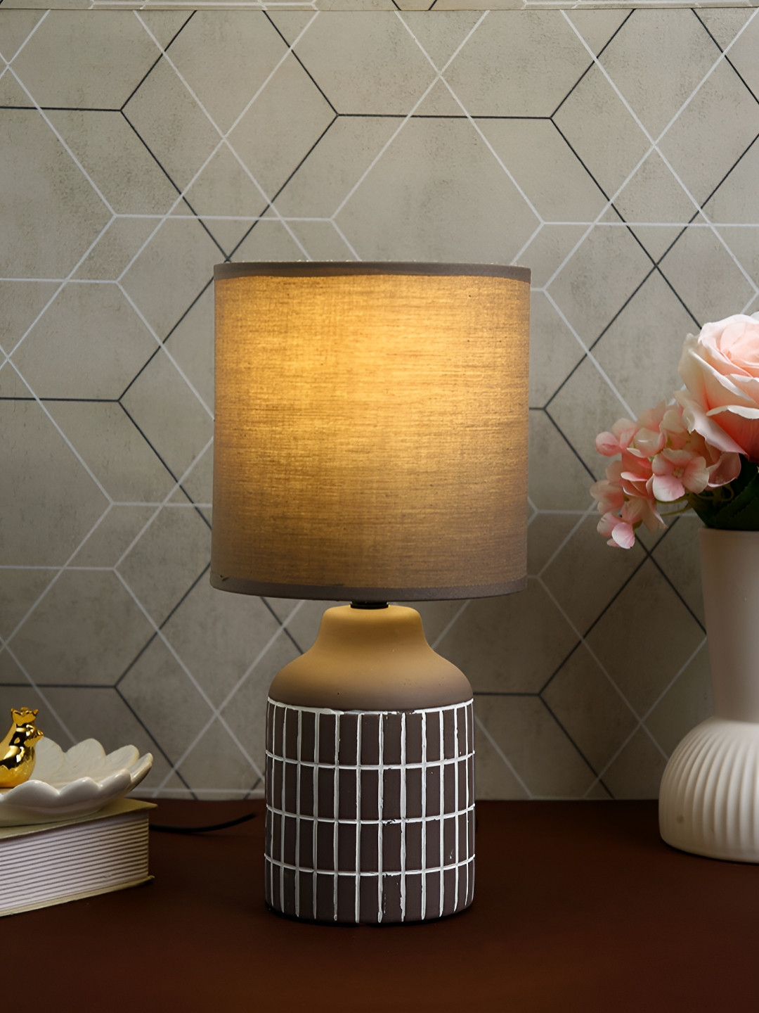 TAYHAA Grey Textured Ceramic Cylindrical Shaped Table Lamp