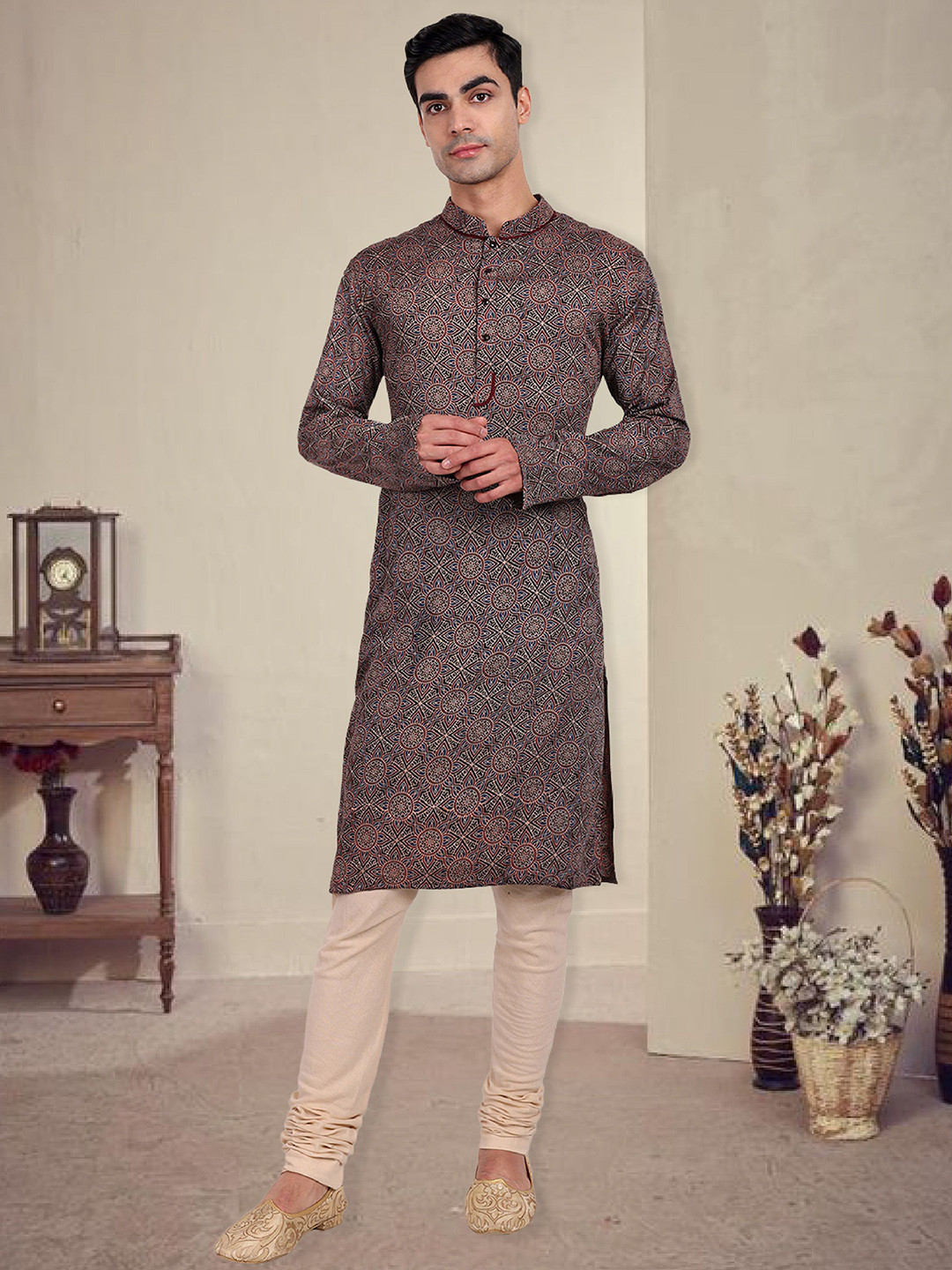 Tesmare Ethnic Motifs Ajrak Printed Mandarin Collar Pure Cotton Straight Kurta