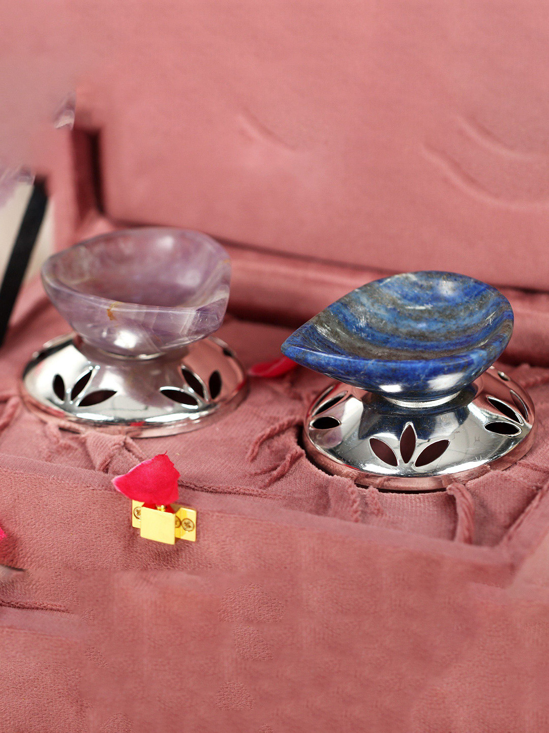 Exotic India Lapis Lazuli & Amethyst Gemstone Diyas with Silver Plated Stand with Gift Box