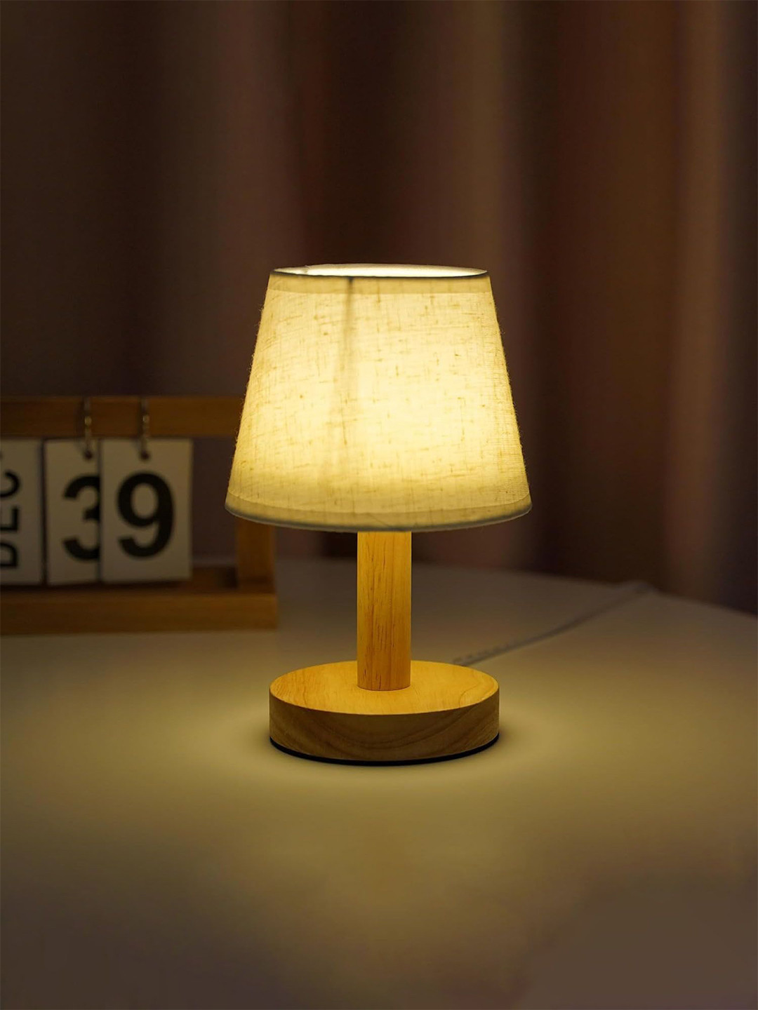 Nostrae by Ekhasa Brown Textured Wooded Frustum Shaped Contemporary Table Lamps