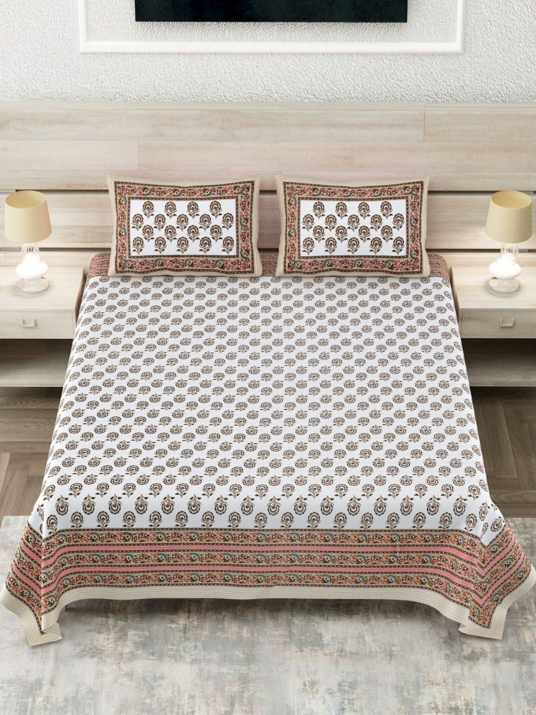 SHOOLIN Beige Floral Pure Cotton 160 TC King Bedsheet with 2 Pillow Covers-90 x 108 inches