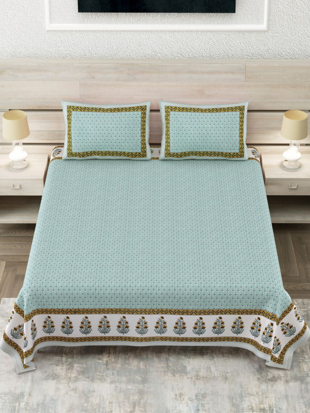 SHOOLIN Book Fold Sea Green Ethnic Motifs Pure Cotton 160 TC King Bedsheet with 2 Pillow Covers-90 x 108 inches