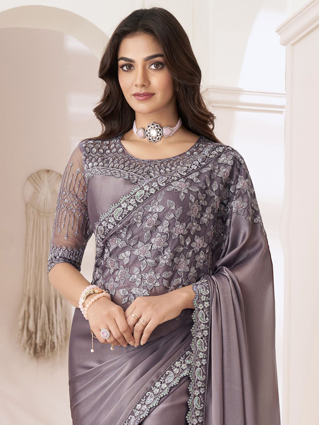 Embellished Embroiderd Sequinned Satin Saree