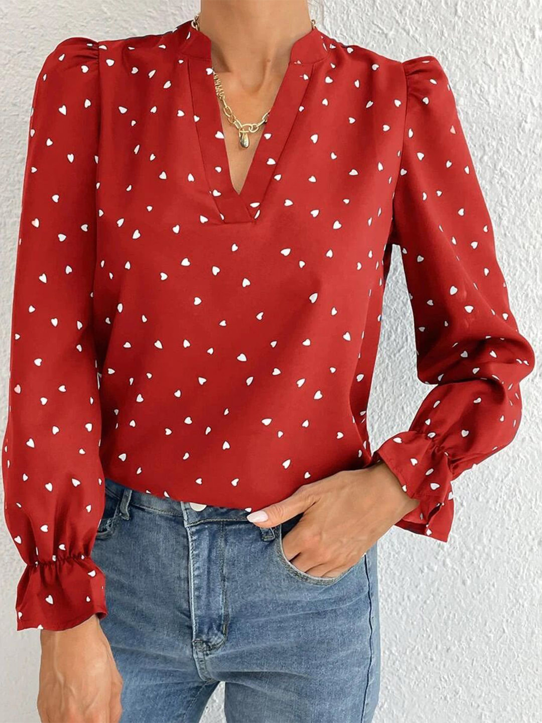 Rust Red Geometric V-Neck Long Sleeve Top