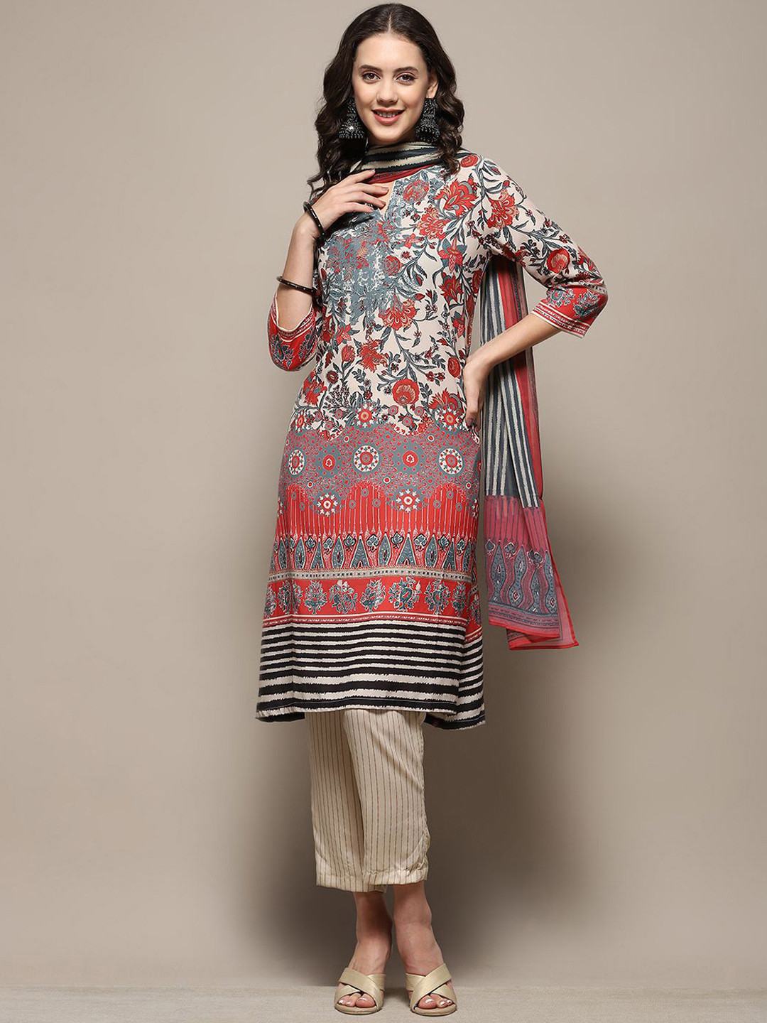 Biba Floral Printed Notched Neck Straight Kurta With Palazzos & Dupatta