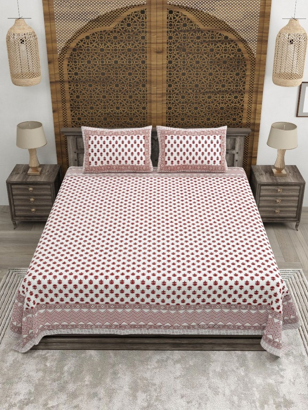 CLOTHOLOGY Rustic Terracotta Floral Block Print Gulbagh Chronicle 180 TC Cotton King Bedsheet with 2 Pillow Cover