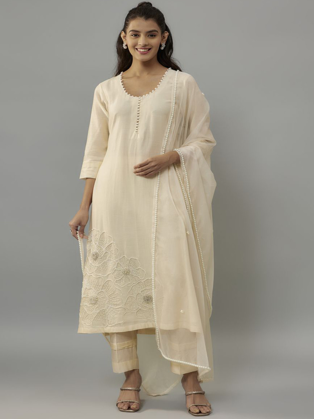 The Aarya EIRA Floral Beads and Stones Chanderi Straight Kurta With Trousers & Dupatta