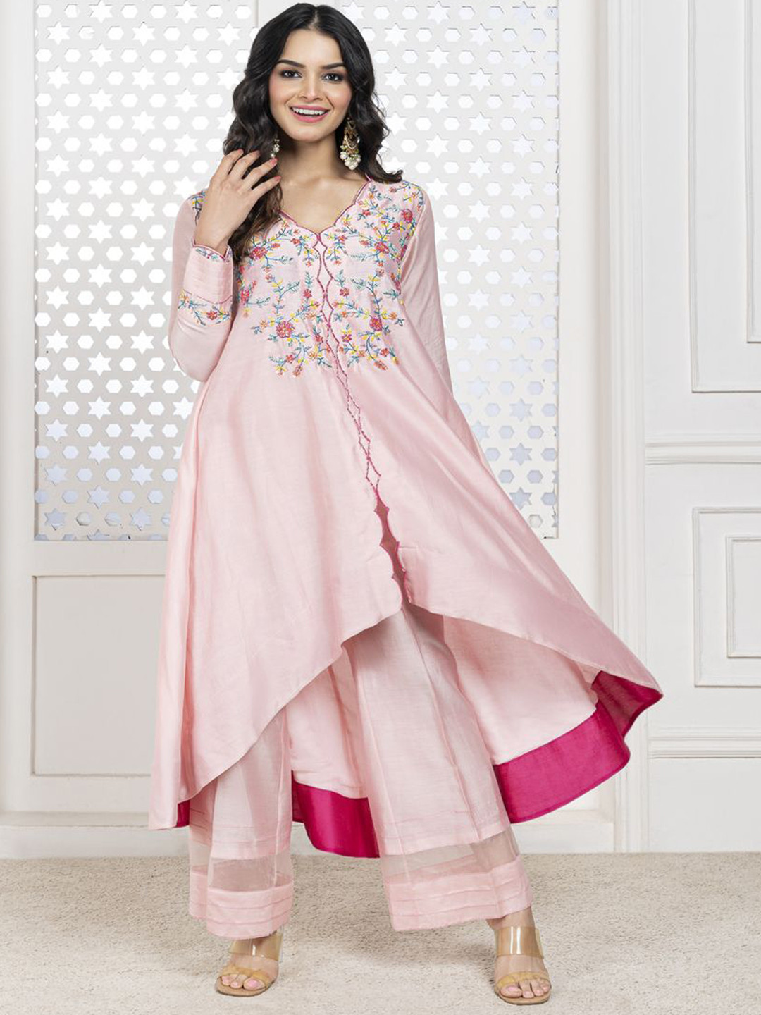 The Aarya Floral Embroidered Zardozi High-Low A-Line Kurta With Trousers & Dupatta