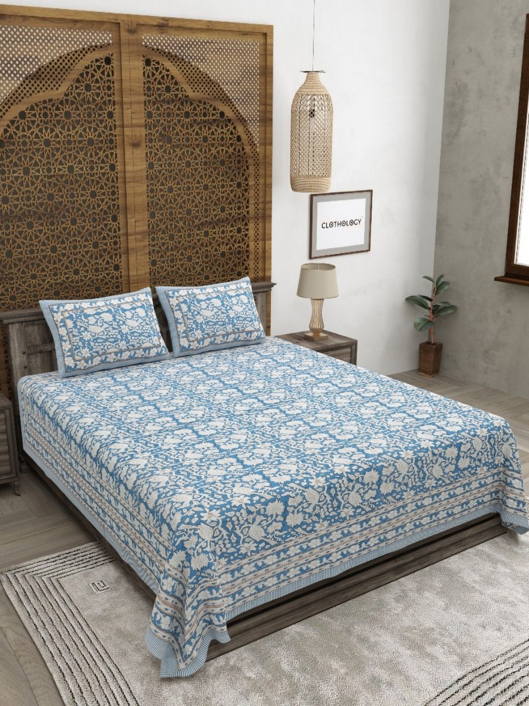 CLOTHOLOGY Blue & White Floral 180TC Pure Cotton Double King Bedsheet & 2 Pillow Covers
