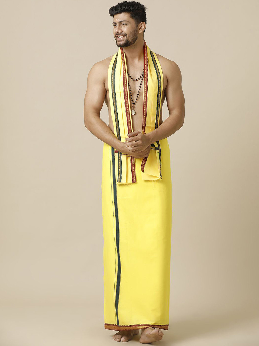 Ramraj Men Cotton Yellow Solid Mayilkhan Border Single Layer Dhoti Dhoti