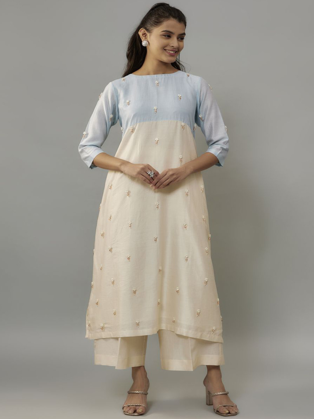 The Aarya MAEVE Floral Embroidered Beads And Stones Chanderi A-Line Kurta With Palazzos