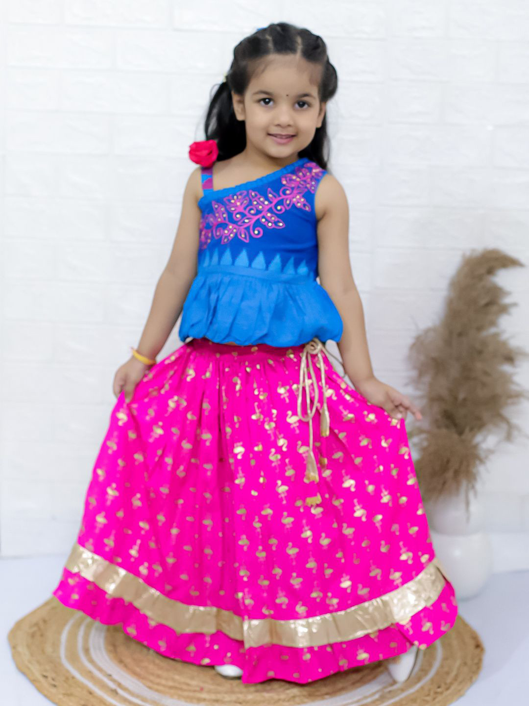 Twisha Girls Embroidered Foil Printed One Shoulder Top & Ghagra Set