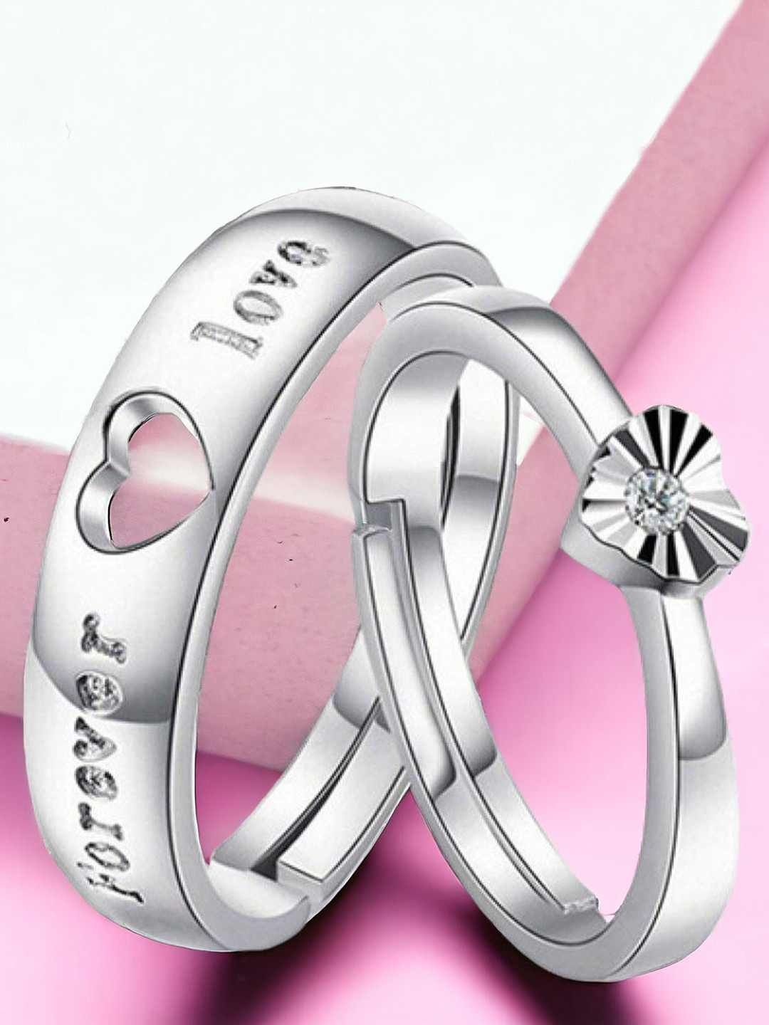 Okos Set Of 2 Rhodium-Plated CZ-Studded Valentine Proposal Heart Couple Finger Rings