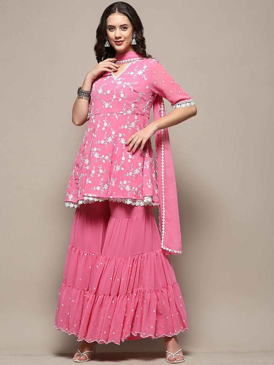 Biba Floral Embroidered V-Neck Thread Work A-Line Kurta With Sharara & Dupatta
