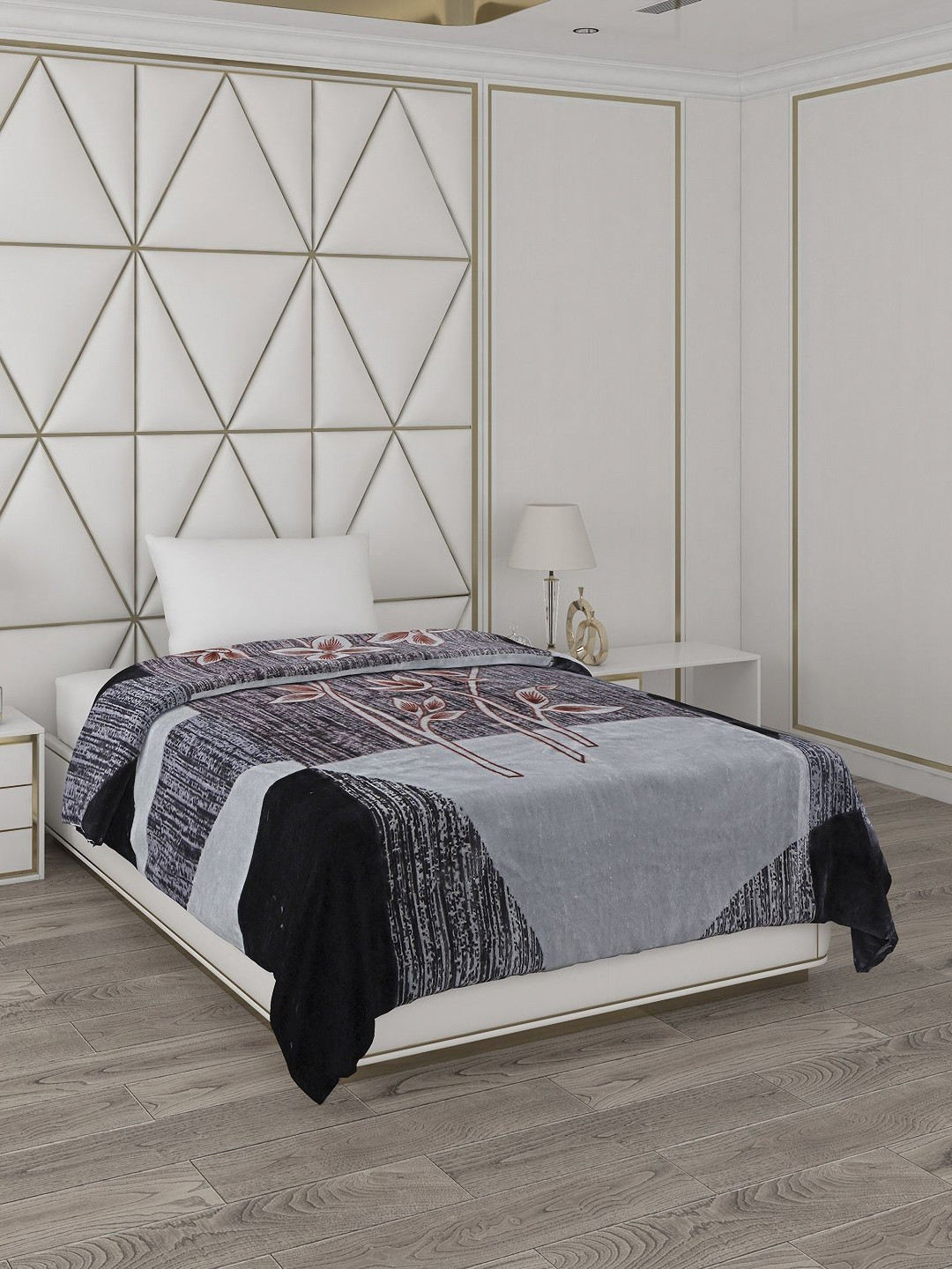 Monte Carlo Grey & Black Floral Mild Winter 600 GSM Single Bed Blanket