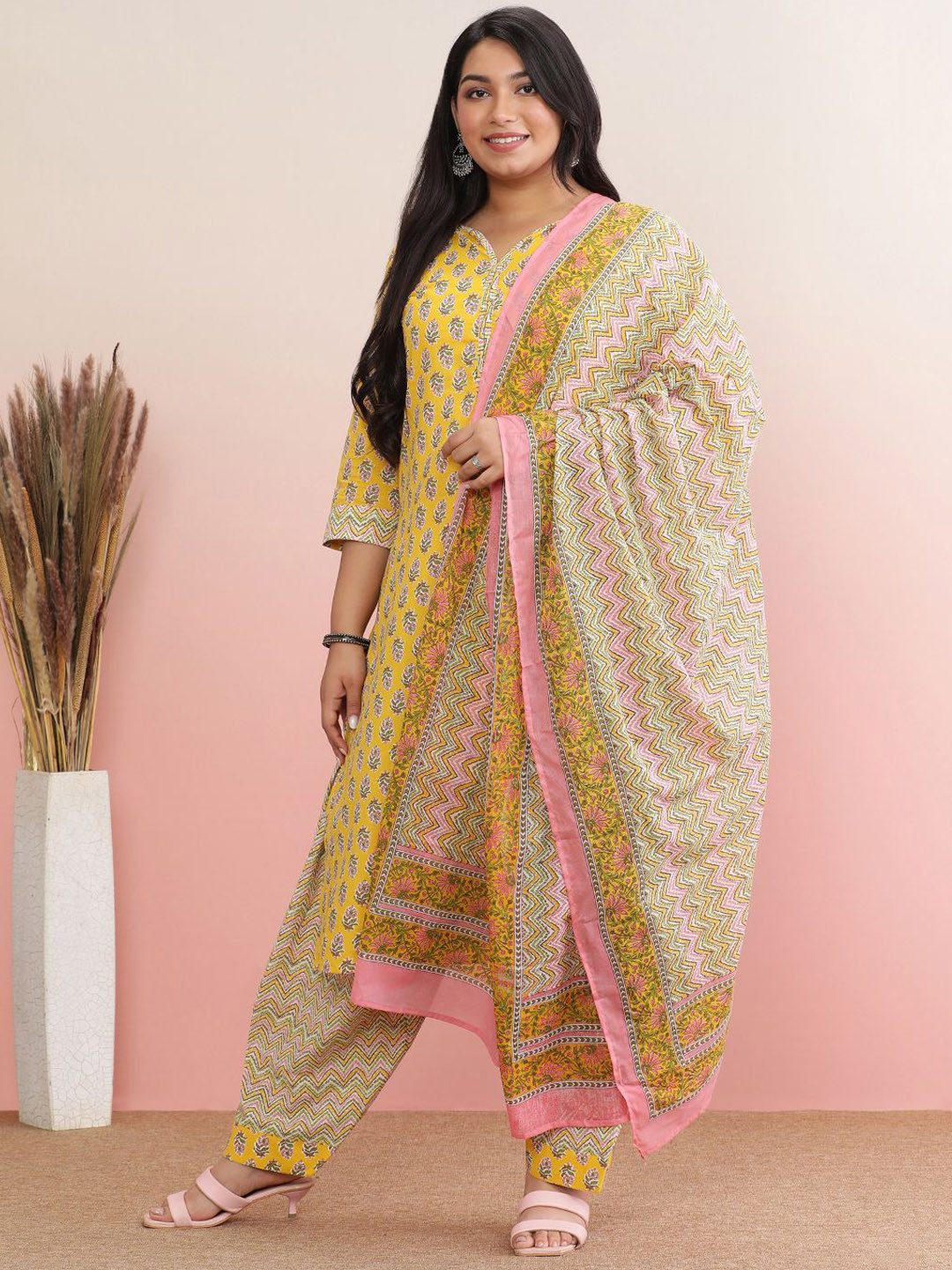 anayna Plus Size Ethnic Motifs Printed Straight Pure Cotton Kurta with Trousers & Dupatta