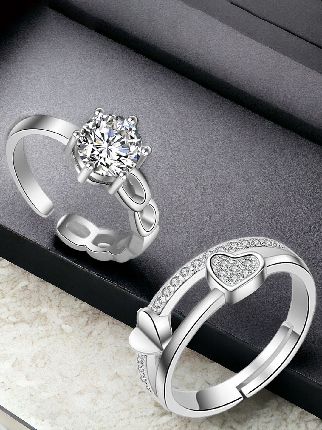 Okos Set Of 2 Rhodium-Plated Cubic Zirconia Studded Adjustable Solitaire Finger Rings