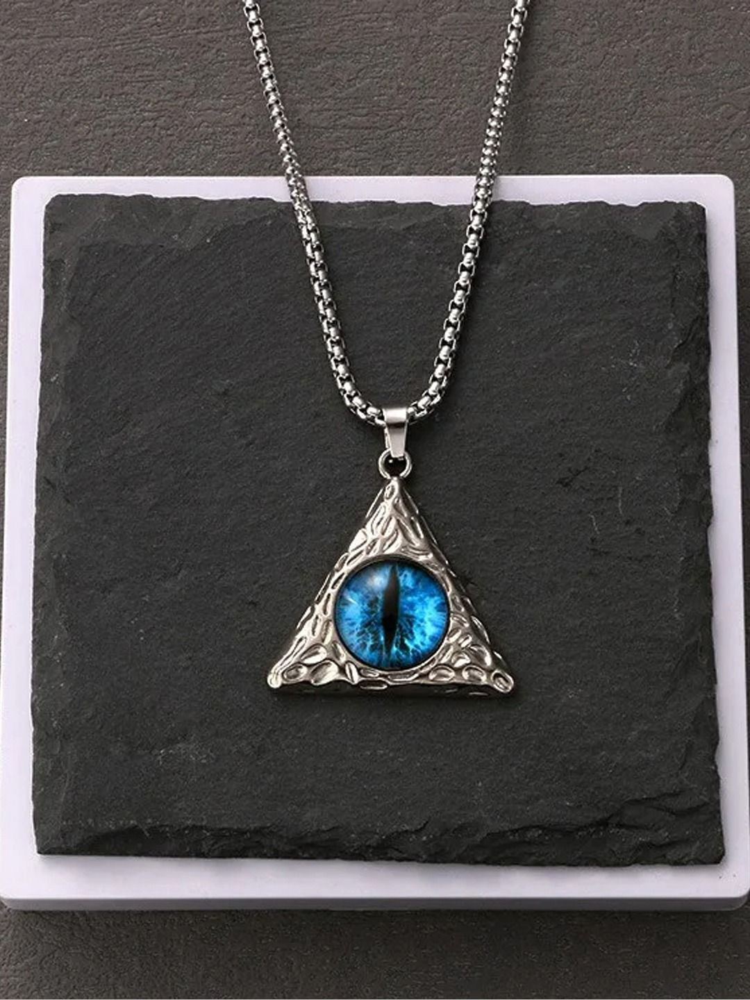 KRENOZ Men Silver-Plated Triangular Evil Eyes Pendant With Chain
