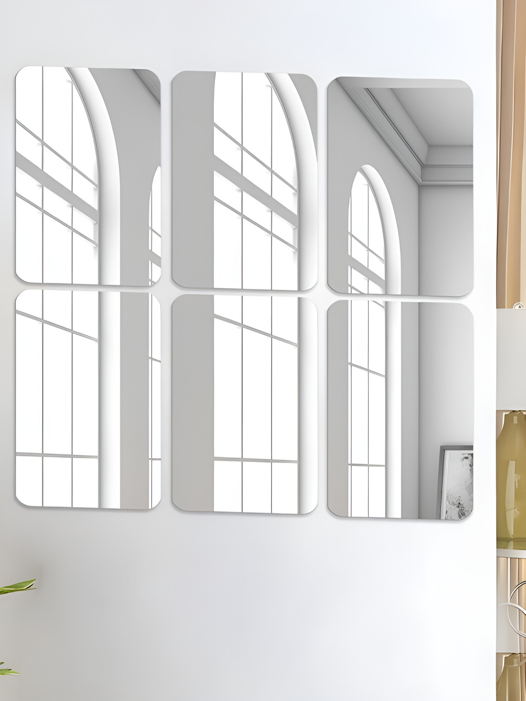 Art Street Silver Toned 6 Pieces Rectangle Self Adhesive Acrylic Wall Mirror Stickers