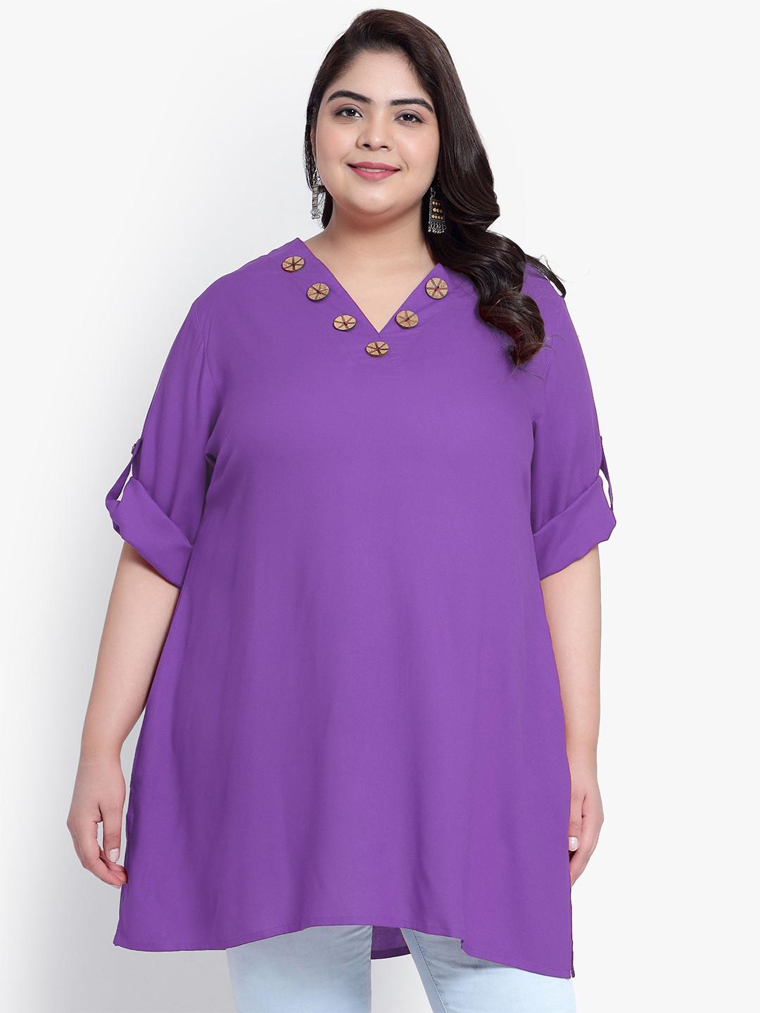 Indietoga Women Plus Size Solid Rayon Roll-Up Sleeves Longline Top with Pockets