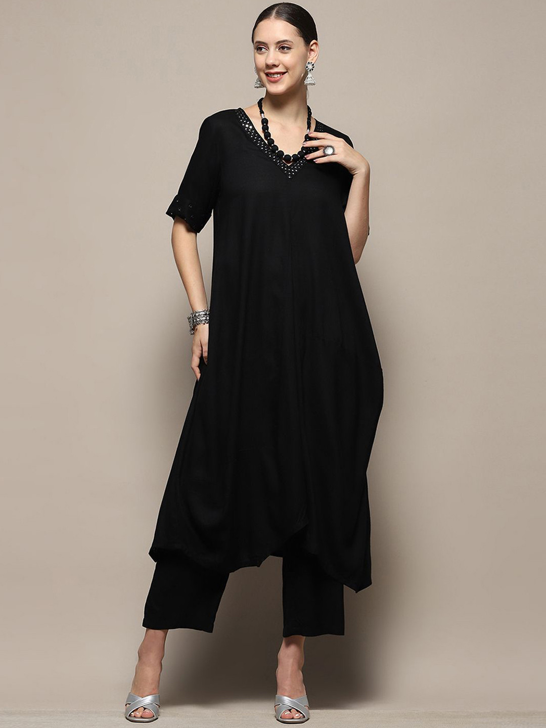 Biba V-Neck Straight Mirror Work Kurta With Palazzos