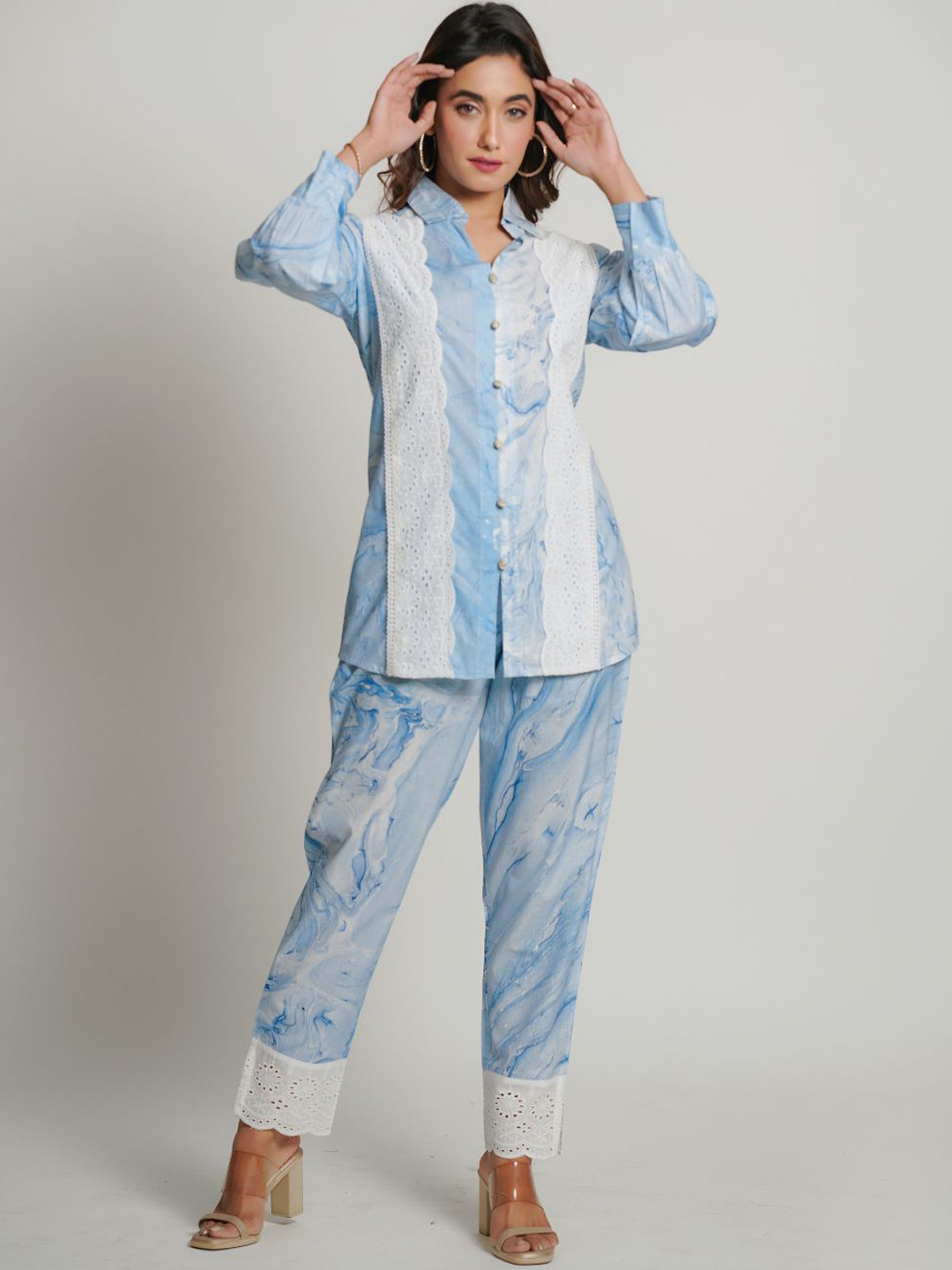 Zolo Label Tie and Dye Pure Cotton Lace Detail Shirt With Trousers