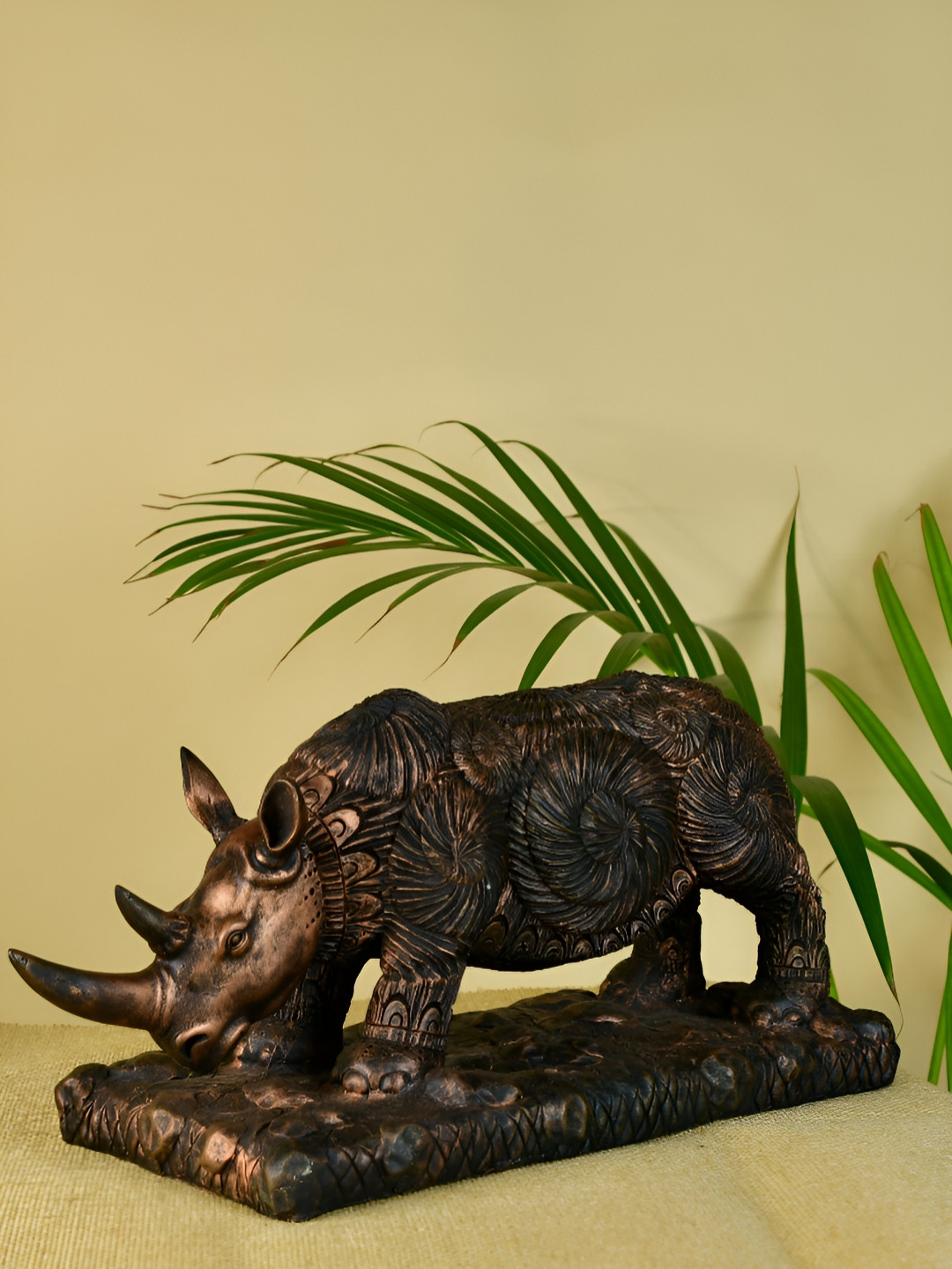 SOWPEACE Rhino Brown Polyresin Natural Living Room Small Showpiece - 6.3 Inches