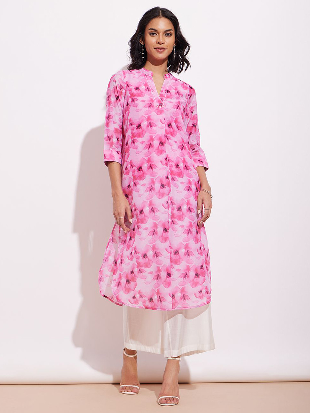 Pink Fort Floral Printed Mandarin Collar Chanderi Cotton Straight Kurta