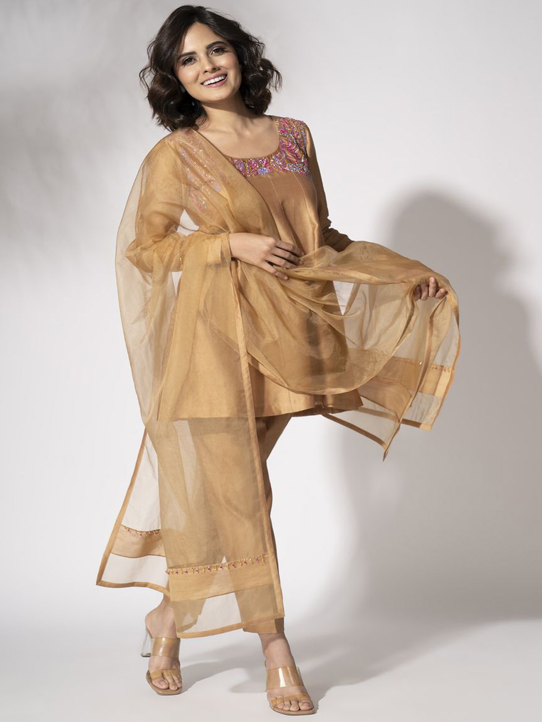 The Aarya Embroidered Zardozi Chanderi Cotton A-Line Kurti with Trousers & With Dupatta