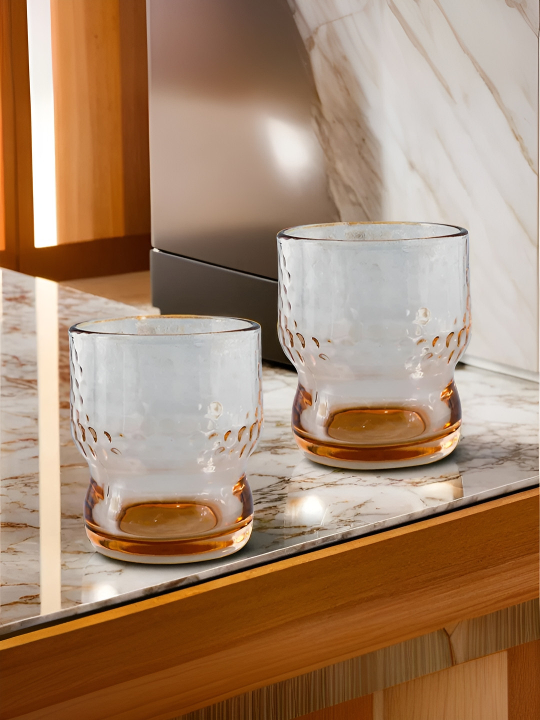 UMAI Brown & Transparent 2 Pieces Textured Lead Free Glass Water Glasses 300 ml