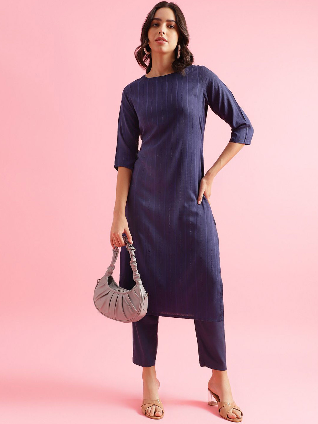 HRITIKA Striped Straight Sequinned Kurta with Trousers