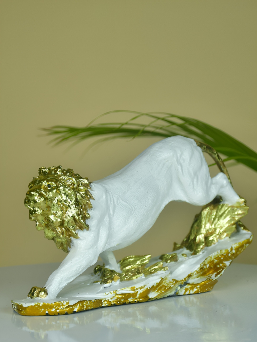 SOWPEACE Leaping Lion White Polyresin Glossy Living Room Small Showpiece - 5.1 Inches