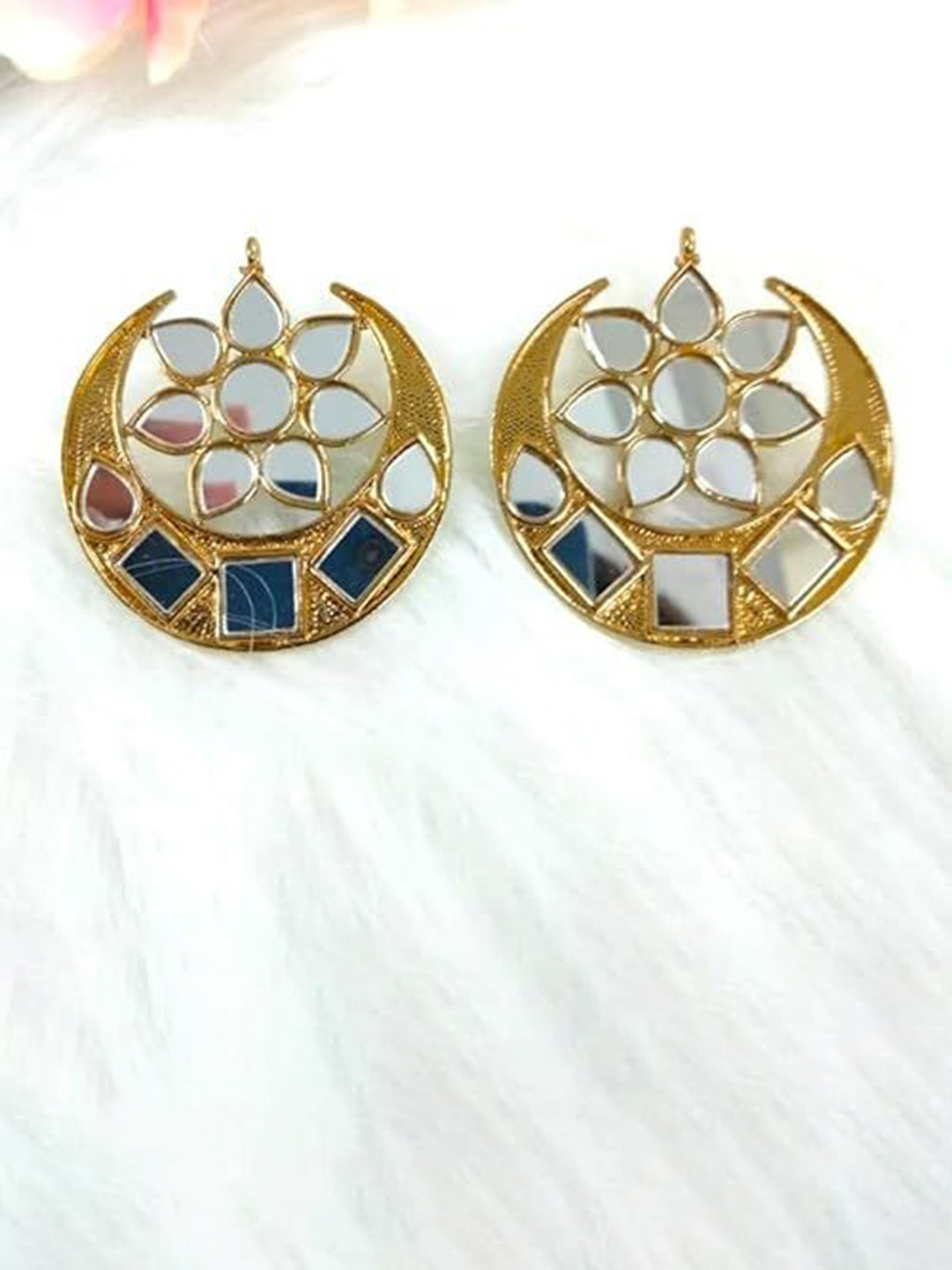 BDIVA 18K Gold Plated Contemporary Mirror Kundan Studded Studs