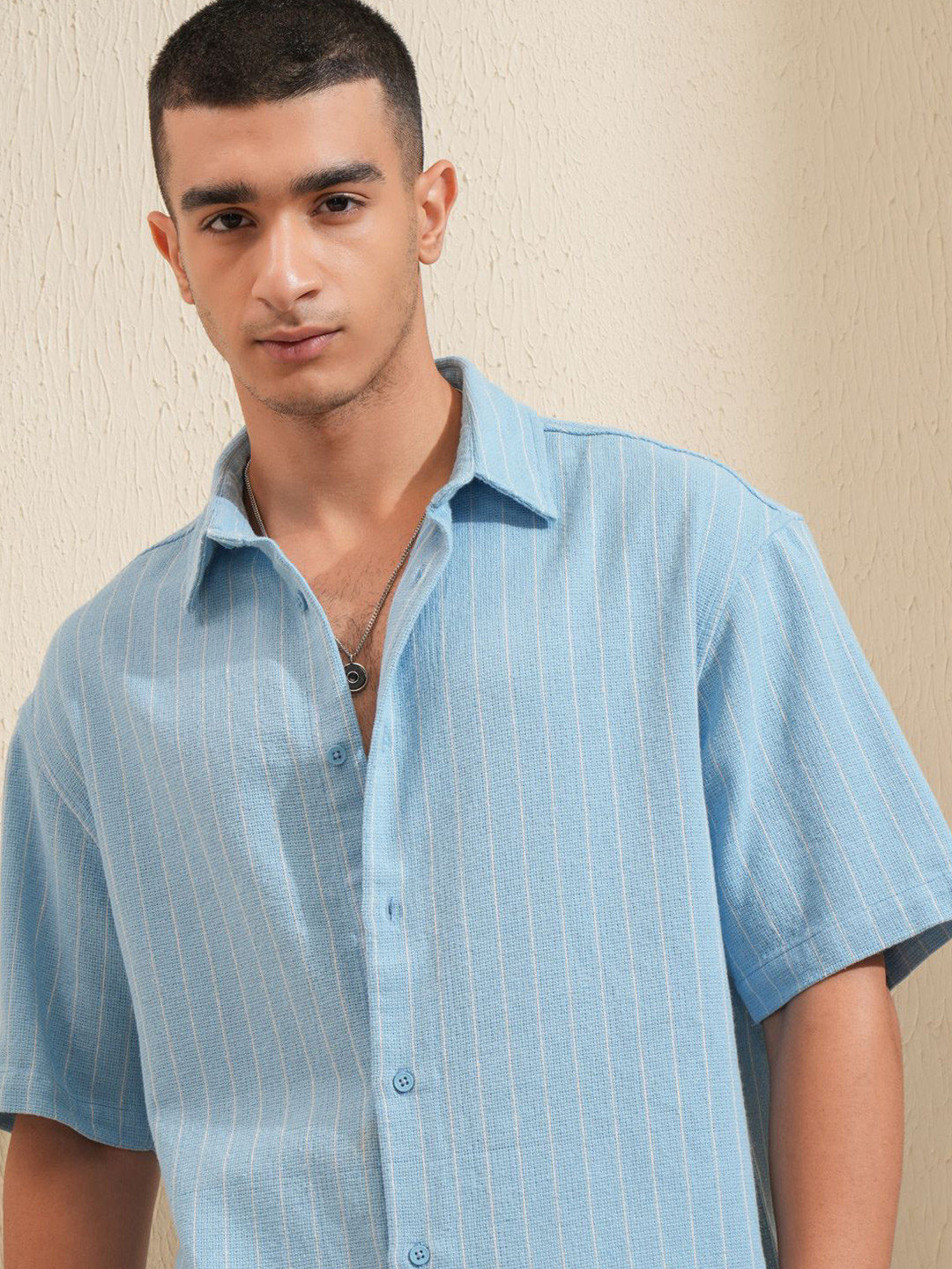 Highlander Men Oversized Textured Dobby Striped Oversized Shirt