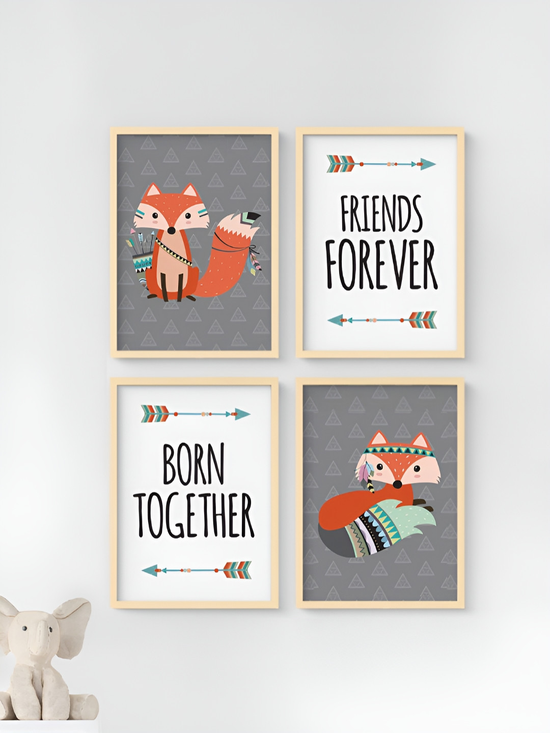 My Kids Wall Born Together Friends Forever Beige & White 4 Pieces Wooden Animal Wall Art