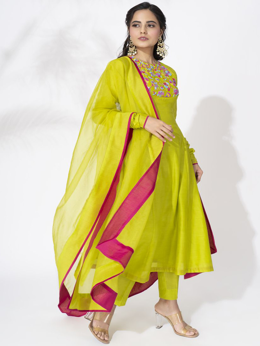 The Aarya ELLEN Floral Yoke Design Thread Work Chanderi Kurta With Trousers & Dupatta