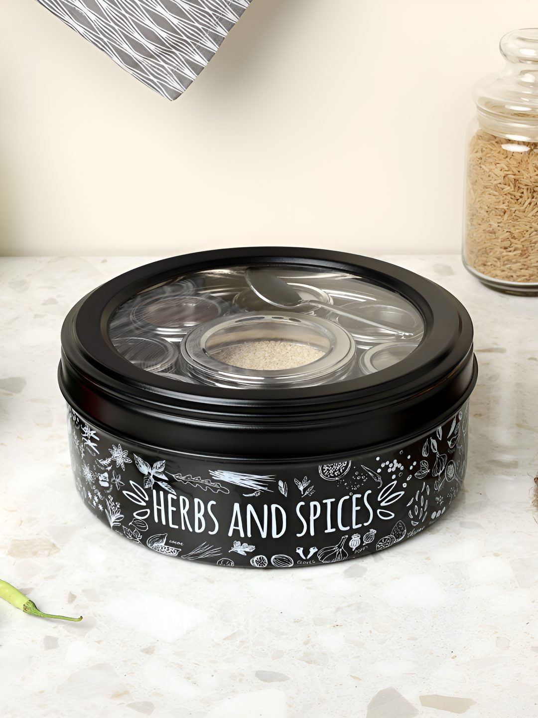 dudki Black & White Printed 9 in 1 Stainless Steel Spice Box