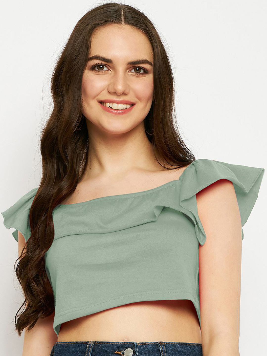 BRINNS One Shoulder Flutter Sleeve Cotton Crop Top