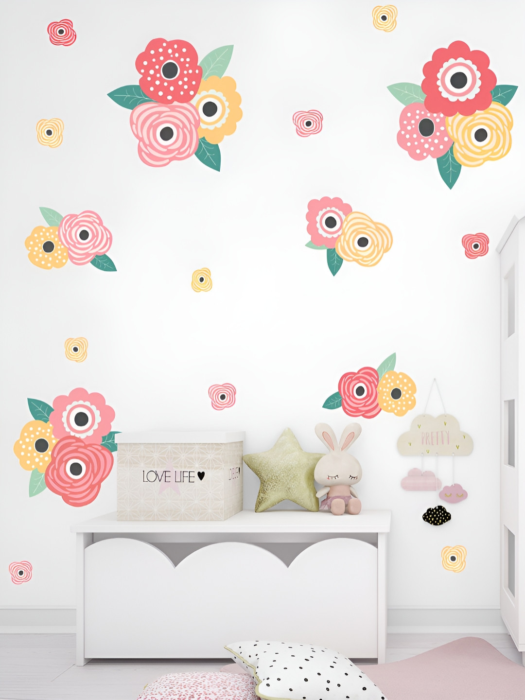 My Kids Wall Green & Pink 25 Pieces Floral Printed UV Printed Wall Sticker