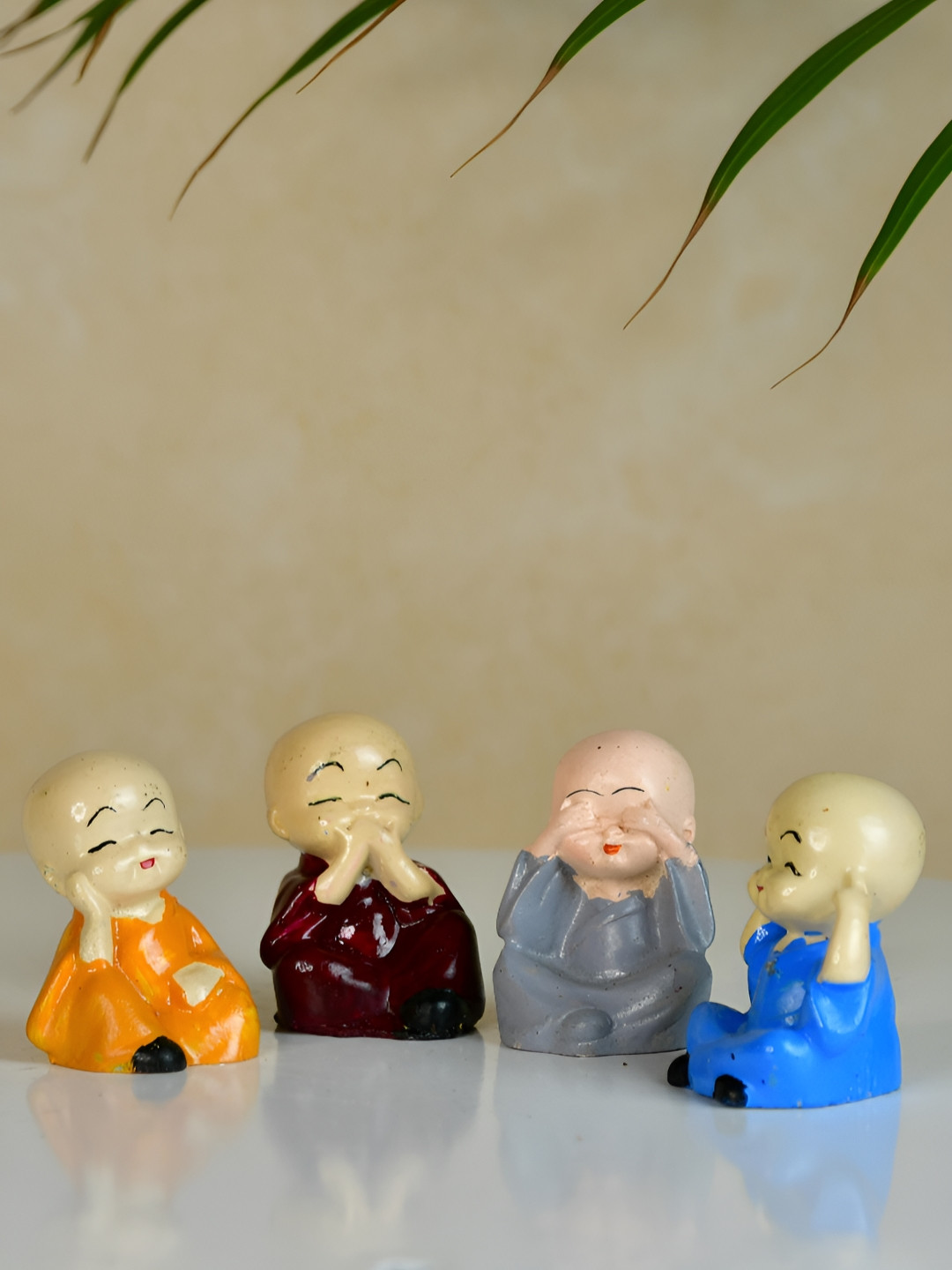 SOWPEACE Mini Monk Blue Polyresin Matte Study Room Set of 4 Small Showpieces - 2.2 Inches