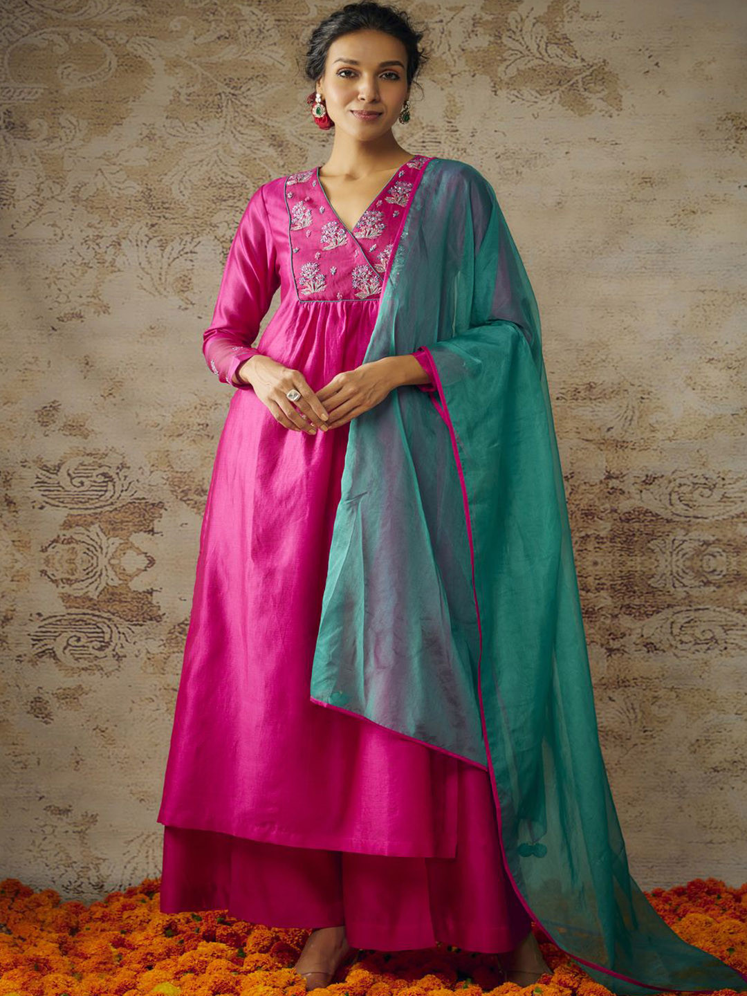 The Aarya Embroidered Chanderi Cotton Anarkali Kurta with Palazzos & With Dupatta